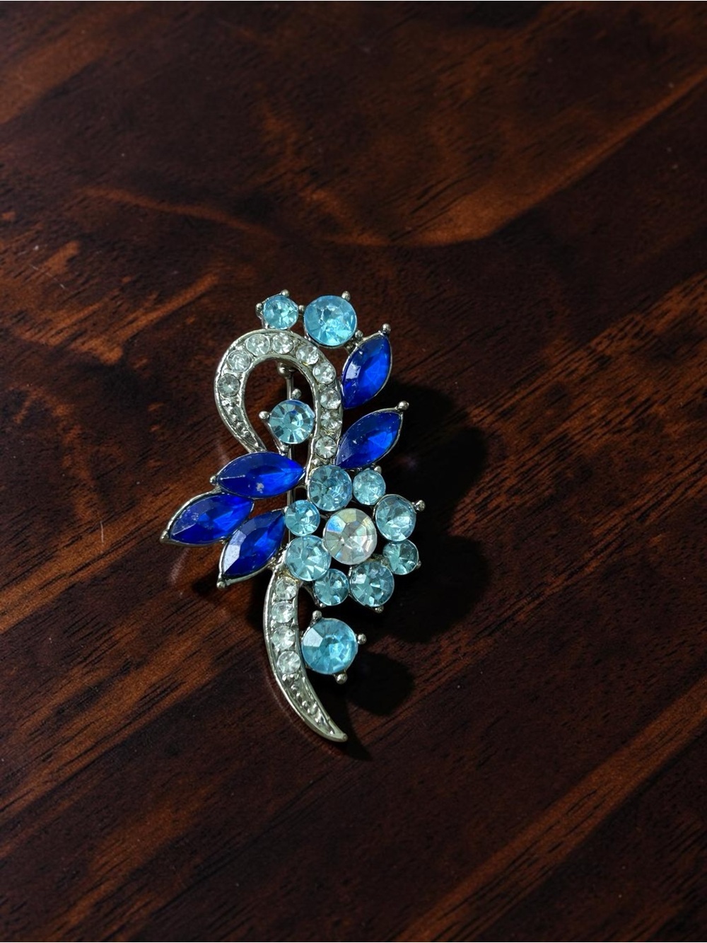 Blue Rhinestone Floral Brooch Silver Tone Crystal Pin